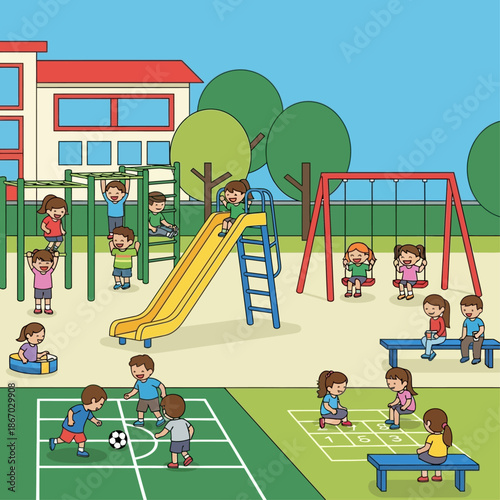A bustling playground scene where diverse children happily engage in various outdoor activities, including climbing, sliding, swinging, and playing games, promoting childhood joy and physical activity