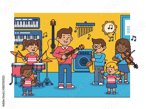 Children's music class enjoying a fun and educational lesson with instruments
