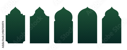 Set of green islamic window arches with subtle geometric pattern for ramadan mubarak background