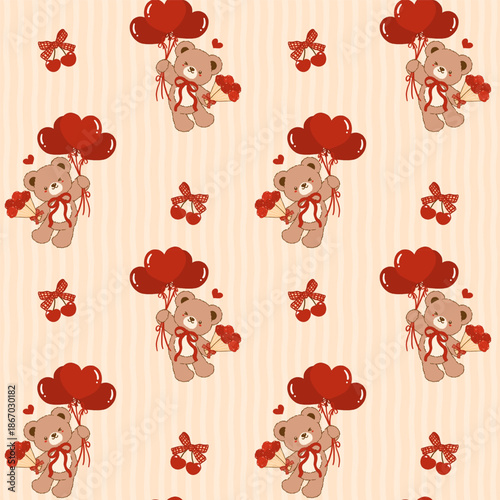 Coquette Valentine seamless pattern Romantic Teddy Bear with heart balloons Striped Vintage Retro Shabby Chic Preppy Printable Background