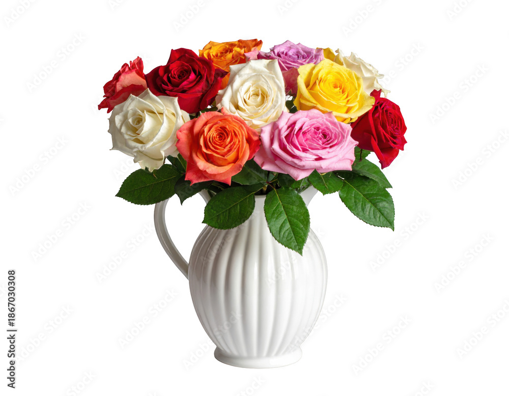 Fototapeta premium Bunch of multicolored roses in a white ceramic vase,white background.