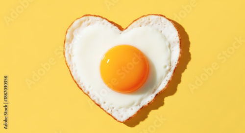 Heart-shaped fried egg on vibrant yellow background, symbolizing love and affection for Valentine's Day, perfect for romantic culinary themes