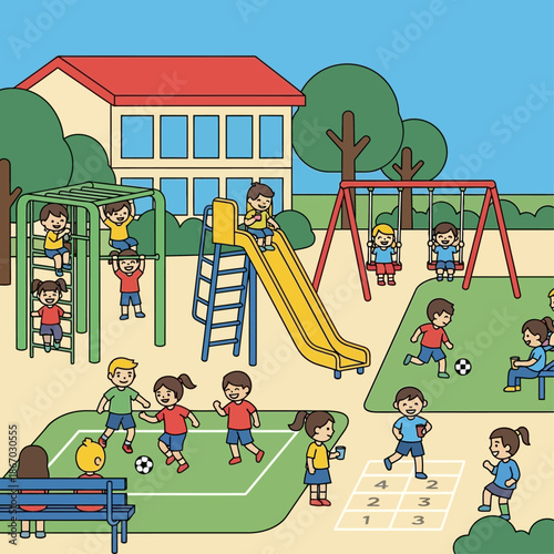 Children enjoy fun outdoor playtime at a vibrant park with playground equipment and games