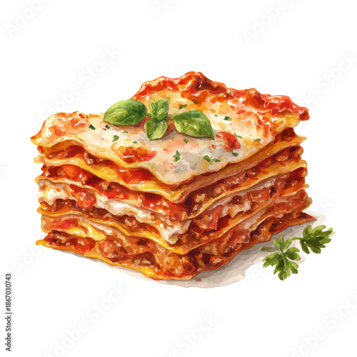 Lasagna watercolor vector illustration, high-quality artwork isolated on a pure white background.