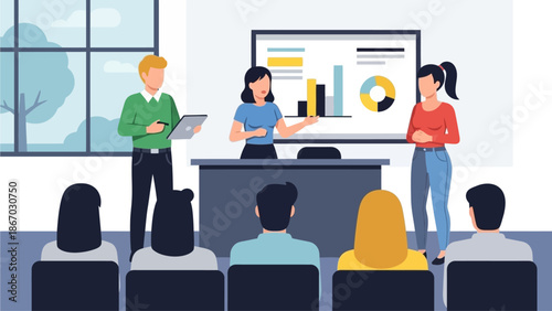 Dynamic business team delivering an engaging corporate presentation with data visualizations to a seated audience, representing growth and strategic planning