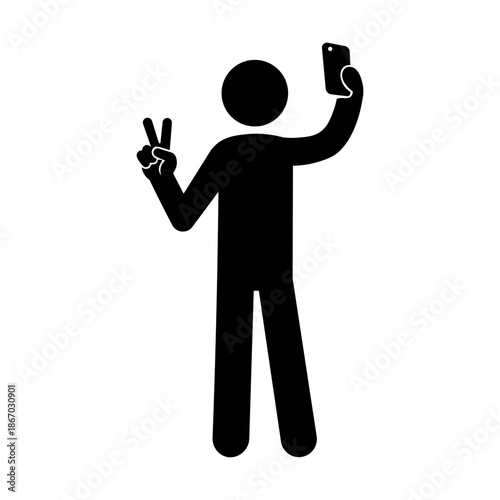 Stickman Taking Selfie with Smartphone and Peace Sign Vector Icon.
