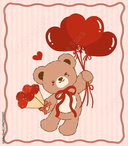 Kawaii Valentine Teddy Bear with Heart Balloons and bouquet of roses Nostalgia Cartoon Doodle Hand Drawn