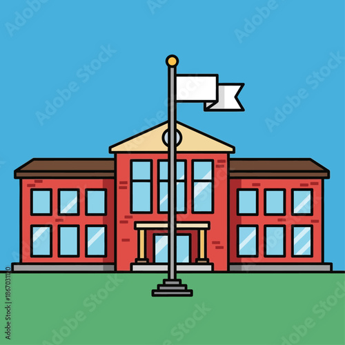 Vibrant flat design illustration of a traditional school building with a flagpole, perfect for symbolizing education, academic institutions, and the journey of learning