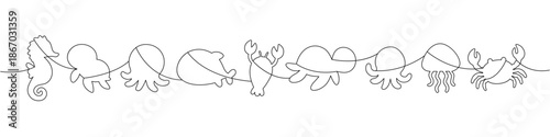 One line minimalist ocean animals silhouettes of seahorse, fish, crab, jellyfish, turtle, and other in contour style