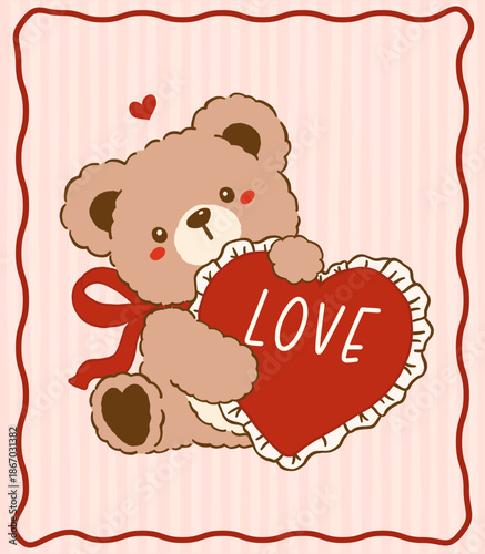 Kawaii Vintage Valentine Teddy Bear Hugging Heart Riffon Nostalgia Cartoon Doodle Hand Drawn