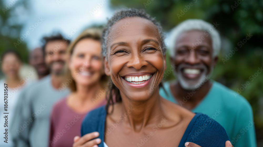 Fototapeta premium A highly realistic outdoor lifestyle photograph capturing a diverse group of adults standing closely together in a park, smiling and laughing while linking arms around each other's