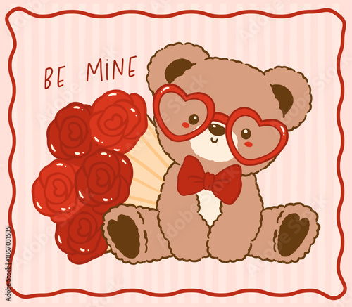 Kawaii Vintage Valentine Teddy Bear wear bow tie and heart glasses with bouquet of roses flower Nostalgia Cartoon Doodle Hand Drawn