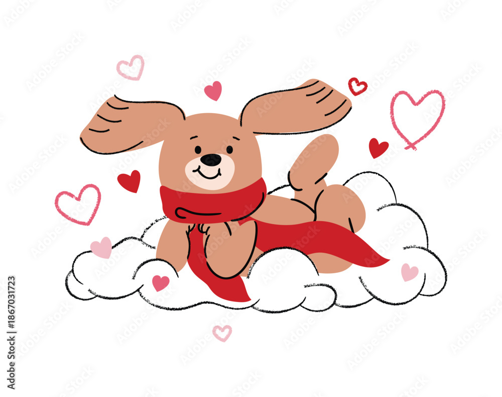 Fototapeta premium Valentine flying puppy vector illustration on cloud with hearts and cute cupid mood. Cute hand drawn design for greeting cards, stickers and posters.