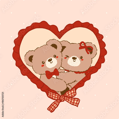 Vintage Nostalgia Teddy Bear Valentine hugging in Red Heart Frame with Ruffle Border Cartoon Doodle Hand Drawn