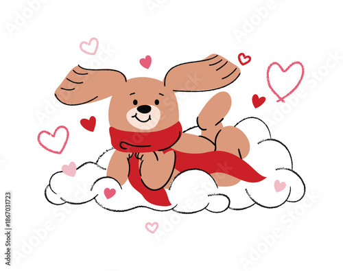 Valentine flying puppy vector illustration on cloud with hearts and cute cupid mood. Cute hand drawn design for greeting cards, stickers and posters.