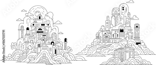 Black and white line art illustration depicting two fantastical futuristic cityscapes rising from undulating terrain under a stylized sky representing frontiers.