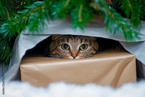 Cat playfully hiding inside a large gift box under a cozy Christmas tree during the holiday season