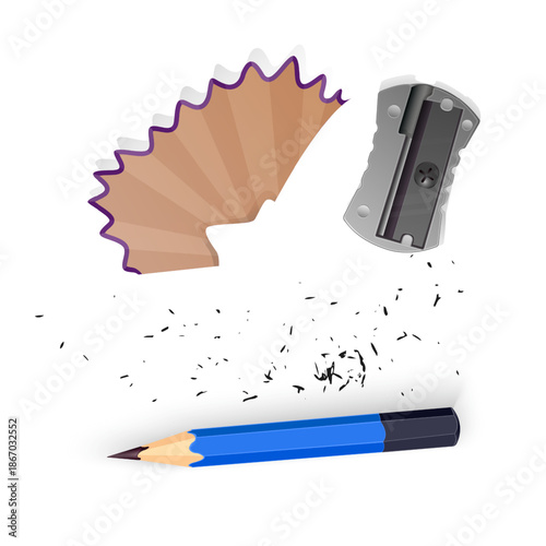 Realistic vector illustration of stationery items isolated on white. The set includes a sharpened blue wooden pencil, a metallic silver pencil sharpener, a curved wooden pencil shavin