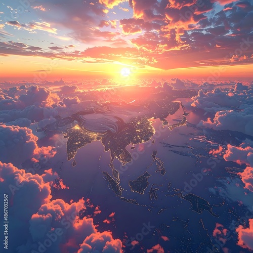 Aerial view of Earth, highlighting Asia, at sunset, with city lights
