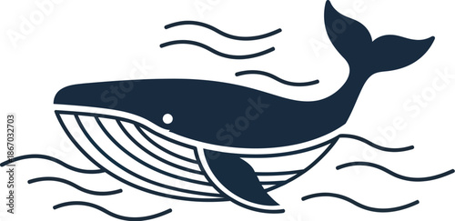 Stylized illustration featuring a dark blue humpback whale breaching the ocean waves in a clean minimal graphic design style