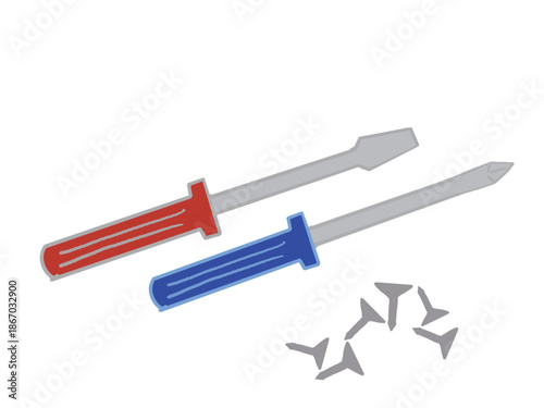 Illustration of a flathead screwdriver, a Phillips screwdriver, and multiple screws