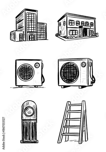 Hand-drawn sketchy black and white icon set featuring commercial buildings, AC units, a retro gas pump, and a folding ladder