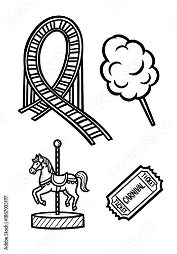 Black and white doodle elements of fairground entertainment, featuring an iconic rollercoaster, carousel, cotton candy, and entry ticket