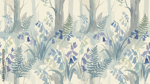 Forest botanical pattern, stylized trees, watercolor texture, blue purple flowers, serene woodland, nature background, decorative textile, wallpaper, flat vector illustration