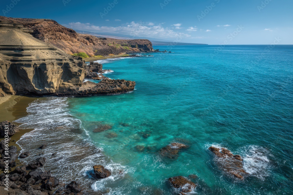 Obraz premium Scenic Landscape of Green Sand Beach: Emerald Sands, Ocean Blues, and Rugged Lava Hills