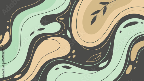 Abstract organic leaf pattern, mint green beige brown, swirling nature shapes, teardrop motifs, soothing background, decorative textile, wallpaper, flat vector illustration