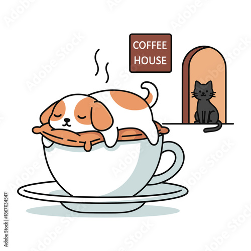 Cute puppy sleeping in a coffee cup at a coffee house