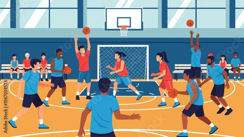 Energetic illustration showcasing a vibrant basketball game with diverse male and female players actively competing on an indoor court, emphasizing teamwork and athleticism