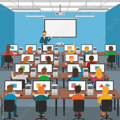 Computer classroom lesson with students and teacher in a modern learning environment