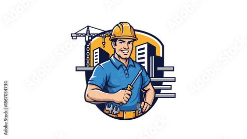 Smiling Construction Worker with Hard Hat and Tool in Front of Buildings.