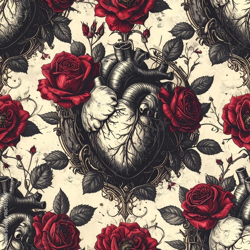 Anatomical heart, surrounded by red roses on a faded background