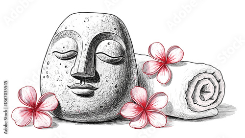 Relaxing spa stone with towel and pink flowers on white background  