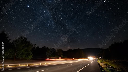 Night Road with Starry Sky and Car Light Trails.