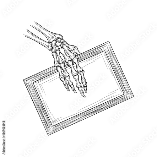 Skeleton hand holding sign, black and white sketch. Vector illustration. A wooden sign is held by skeleton's skeletal hands, isolated on white background. Suitable for labels, banners, Halloween signs