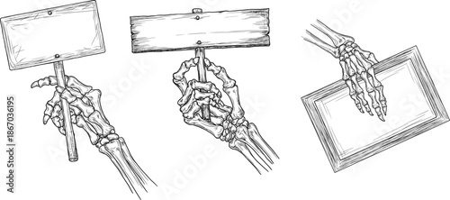 Skeleton hand holding wooden sign, set, sketch. Vector illustration. Skeleton hand with bony fingers, isolated on white background. Suitable for labels, banners, Halloween signs, and various occasions