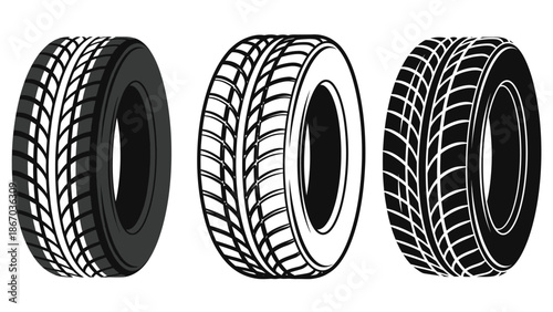 Set of three distinct tire tread designs for automotive vehicles