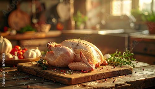 Whole raw chicken prepared for cooking