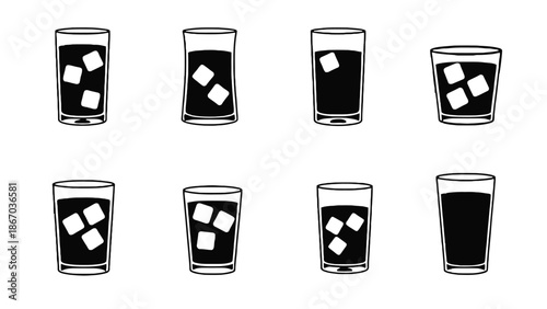 Glasses of soda with ice cubes in black and white