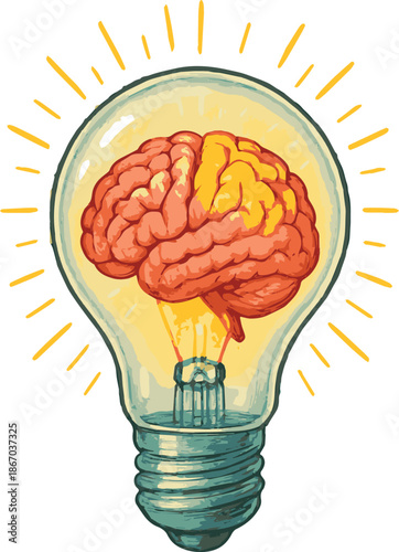A light bulb with a brain inside, light emitting from brain