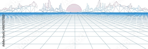 Retro digital landscape featuring a low poly mountain range and a striped sun over a glowing wireframe grid horizon