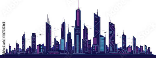 Futuristic neon illuminated city skyline silhouette showcasing towering skyscrapers and flying drones against a stark white background representing tomorrow's urban landscape.