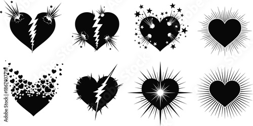 Black and white heart icon collection featuring broken, shattered and radiant love symbols for Valentine emotional design illustrations