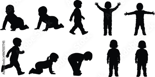 Child development silhouette collection showing baby crawling, walking, running and standing poses illustrating early childhood growth stages