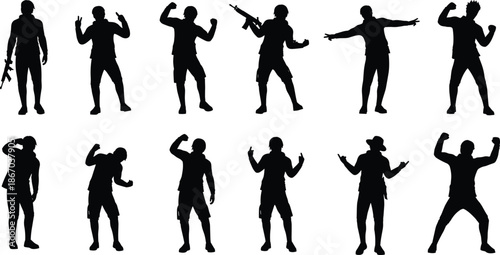 Male action silhouettes collection with dynamic poses, gestures and armed character variations for lifestyle, motion, sport and concept design