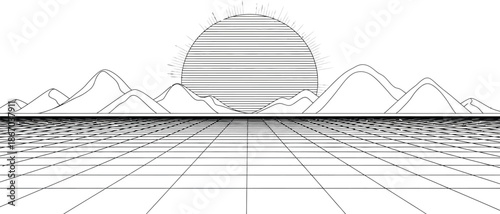 Abstract black and white wireframe landscape depicting a retro sunset or sunrise over stylized mountains and a receding grid horizon line