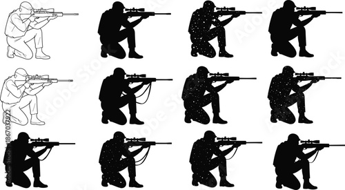 Military sniper silhouettes collection showing kneeling shooting positions with rifles for tactical combat, army training and defense illustration concepts